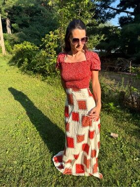 Sears Red Smocked Maxi Dress with Cream Patchwork Skirt